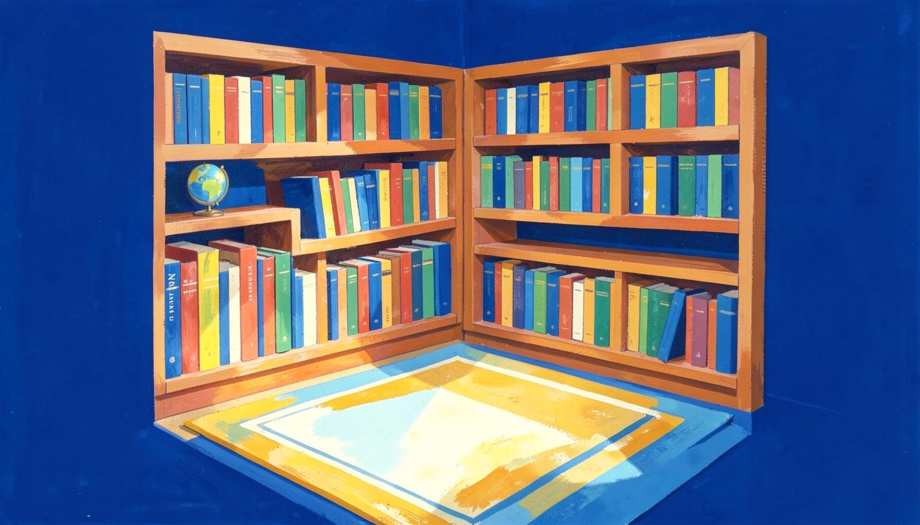 A warm gouache painting of a bright elementary school library corner with colorful book spines on wooden shelves, a small globe, and soft morning light falling across a reading rug in shades of golden yellow, sky blue, and cream.