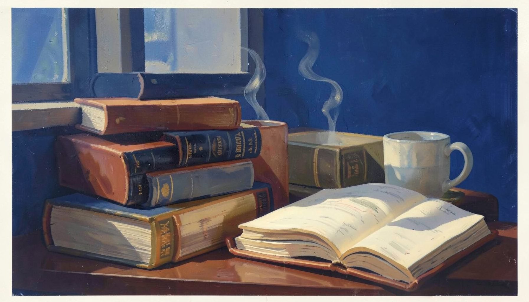A warm gouache painting of a cozy reading nook with stacked hardcover books in muted oranges, deep navy blues, and cream tones, a steaming mug beside an open book, soft window light falling across the scene.