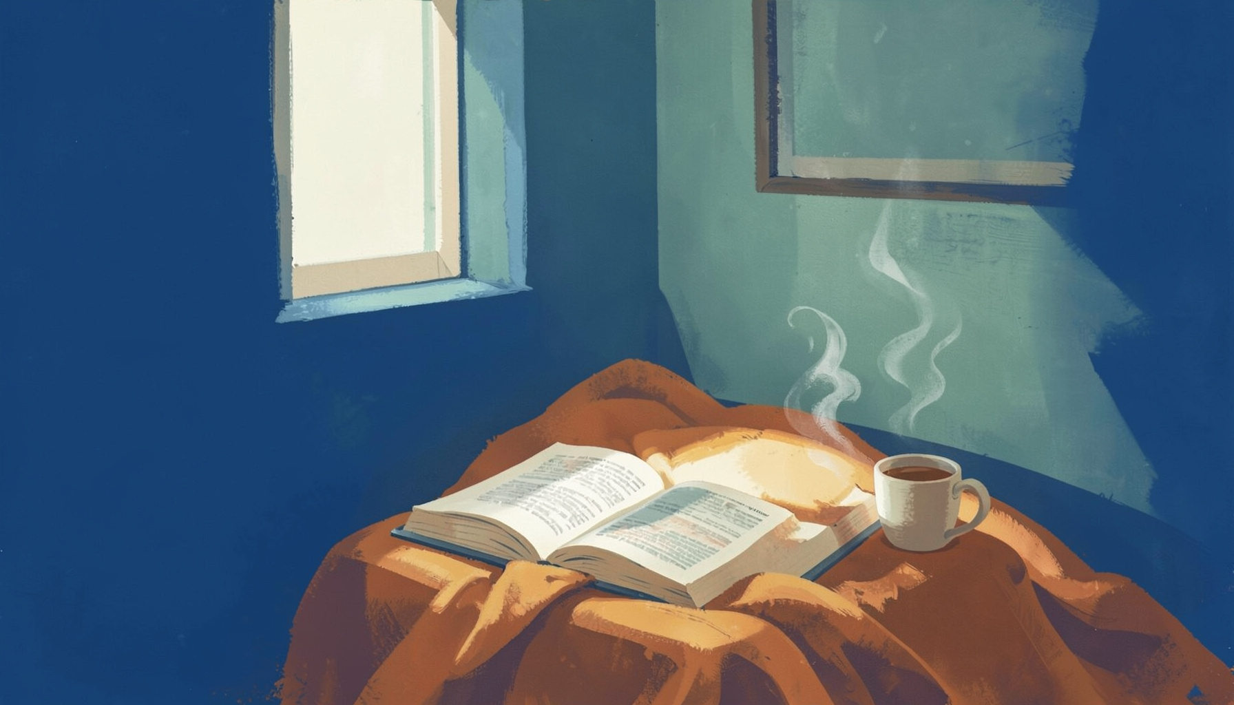 A matte gouache poster painting of a cozy reading nook: an open book rests on a warm ochre blanket beside a steaming mug, with soft sage-green walls and a window letting in pale morning light. The mood is calm, inviting, and quietly intellectual.