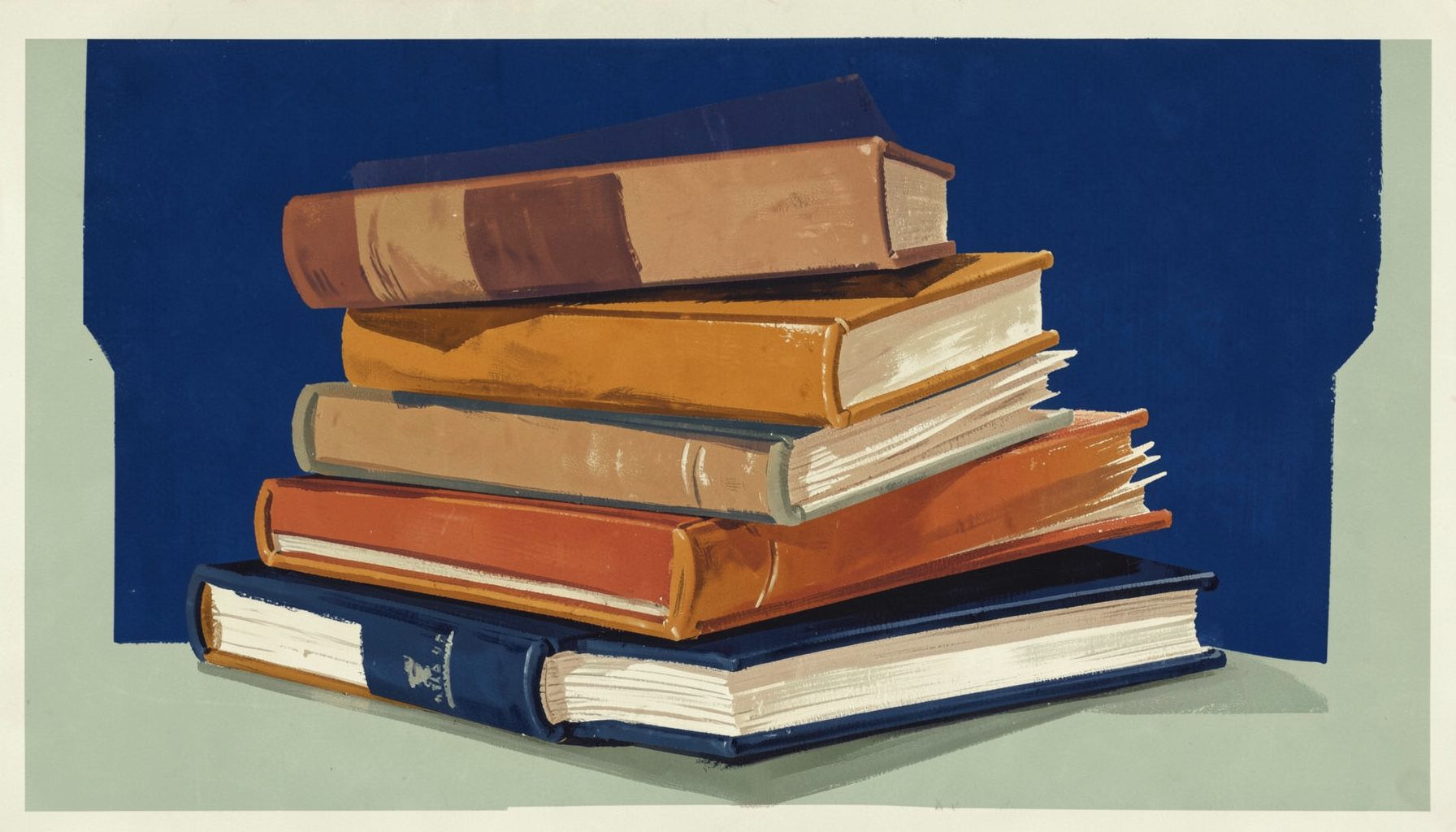 A matte gouache poster painting of stacked hardcover books in warm amber, rust, and deep navy tones, with soft cream pages fanning outward against a muted sage background.